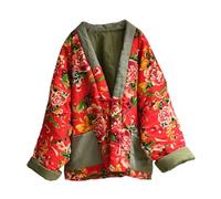 NFYM Frauen Chinesische Ethnische Nordosten Große Blume Steppjacke Patchwork Offene Front Weiche Baumwolle Gepolsterte Outwear, Rote Pfingstrose, Einheitsgröße