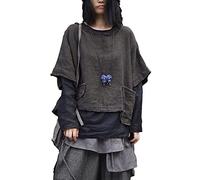 NFYM Frauen Frühherbst Kurze Oberbekleidung Dickes garngefärbtes Kurzarm Leinen Tops Retro Pullover mit Taschen, grau, Einheitsgröße