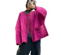 NFYM Frauen Gesteppt Leichte Mantel Rundhals Leinen Gepolsterte Frühling Lose Kurze Frosch Knopf Jacke, Rosenrot, Einheitsgröße