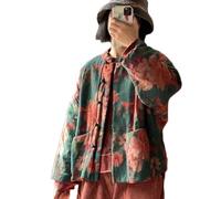 NFYM Gesteppte Cropped-Jacke für Damen, mit Blumenmuster, lässig, handgefertigt, Knopfleiste, Baumwolle, wattiert, Grün/Blumen, Einheitsgröße