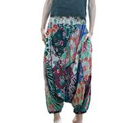 NFYM Haremshose für Damen, Baumwolle, Leinen, Hippie, Boho, lässig, Patchwark, elastische Taille, tiefer Schritt, Haremshose, Mehrfarbig, Einheitsgröße