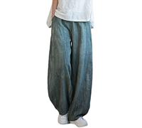 NFYM Lässige Damenhose im Used-Look, Baumwollleinen, weites Bein, elastische Taille, entspannte Passform, Laternenhose, Grün , Einheitsgröße