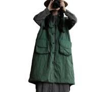 NFYM Lange Steppweste für Damen, Herbst, Winter, leicht, Leinen, Froschknöpfe, ärmellos, mit Taschen, Grün , Einheitsgröße