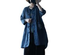 NFYM Leichte Damen-Kimono-Jacke aus Leinen, Frosch-Knöpfe, Stickerei, Tasche, Vintage-Stil, Trenchcoat, Tiefes Blau, Einheitsgröße