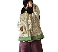 NFYM Leichte Steppjacke für Damen, Baumwoll-Leinen, bedruckt, Frühling und Herbst, Vintage, wattiert, gelb, Einheitsgröße