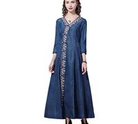 NFYM Maxikleid für Damen, Cheongsam-Kleid, Denimblau, Retro-Stil, bestickt, V-Ausschnitt, Knopfleiste vorne, schmale Passform, Jeanskleider, denim-blau, Mittel