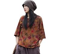 NFYM Sommer-Tops für Damen, Blumendruck, Bluse, kurzärmelig, Hi-Low-T-Shirt, lässig, bequem, Baumwolle, Kaffee-Rot, Einheitsgröße