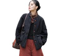 NFYM Warme Steppjacke für Damen, Tang-Anzug-Stil, handgefertigt, natürlicher Ramie, gepolsterter Kurzmantel mit Tasche, Schwarz, Einheitsgröße