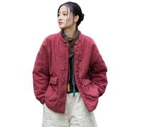 NFYM Warme Steppjacke für Damen, Tang-Anzug-Stil, handgefertigt, natürlicher Ramie, gepolsterter Kurzmantel mit Tasche, Weinrot, Einheitsgröße