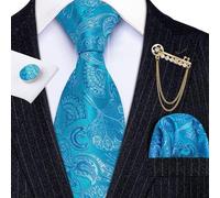 NHEISSCF Herrenkrawatten Modisches Set aus türkisblauer Herrenkrawatte mit Goldener Brosche und Seidenkrawatte/Einstecktuch for Herren - Business-Krawatte