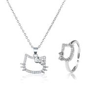 NHPY 2 Stück Hello Kitty Kette, Schmuck Set, Set Ring Und Kette Für Hallo Kitty, Diamant Katze Halskette,Kawaii Bogen Kätzchen Anhänger Halskette,Jewelry, Geschenke Für Mädchen