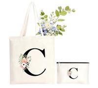 NHTJTHE Baumwolltasche personalisiert mit Namen Einkaufstasche,Große Einkaufstasche mit Reißverschluss passender Kosmetiktasche mit Initial,Geschenkidee für Frauen, Freundin für jeden Anlass-C