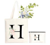 NHTJTHE Baumwolltasche personalisiert mit Namen Einkaufstasche mit Buchstaben, Personalisierte Tragetasche mit Reißverschluss Kosmetiktasche mit Initial Frauen-H