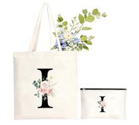 NHTJTHE Initialen Baumwolltasche personalisiert, Canvas Einkaufstasche mit Reißverschluss und dazu passende Kosmetiktasche,Besondere Geschenkidee für Frauen, Mama, Freundin zu Allen Festtagen-I