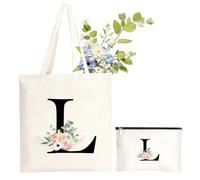 NHTJTHE Initialen Baumwolltasche personalisiert, Tragetasche und Kosmetiktasche, Buchstaben Tragetasche und Kosmetiktasche,Geschenk für Dame Freundin Mama zum Geburtstag -L