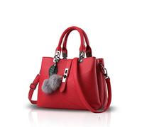 NICOLE & DORIS 2024 Neue Frauen Tasche Damen Leder Handtasche Mode Umhängetasche Mit Pompon abnehmbarem Schultergurt Handtasche Claret Rouge