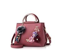 NICOLE & DORIS Damen Leder Handtasche Umhängetaschen mit Blume Jahrgang Griff Tasche Designer Tote Geldbörse mit Pom Pom dunkelpink