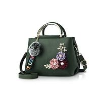 NICOLE & DORIS Damen Leder Handtasche Umhängetaschen mit Blume Jahrgang Griff Tasche Designer Tote Geldbörse mit Pom Pom dunkelgrün
