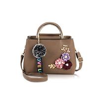 NICOLE & DORIS Damen Leder Handtasche Umhängetaschen mit Blume Jahrgang Griff Tasche Designer Tote Geldbörse mit Pom Pom khaki
