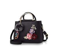 NICOLE & DORIS Damen Leder Handtasche Umhängetaschen mit Blume Jahrgang Griff Tasche Designer Tote Geldbörse mit Pom Pom Schwarz