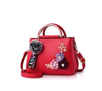 NICOLE & DORIS Damen Leder Handtasche Umhängetaschen mit Blume Jahrgang Griff Tasche Designer Tote Geldbörse mit Pom Pom rot