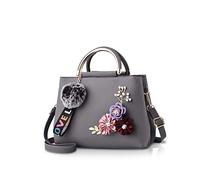 NICOLE & DORIS Damen Leder Handtasche Umhängetaschen mit Blume Jahrgang Griff Tasche Designer Tote Geldbörse mit Pom Pom dunkelgrau