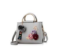 NICOLE & DORIS Damen Leder Handtasche Umhängetaschen mit Blume Jahrgang Griff Tasche Designer Tote Geldbörse mit Pom Pom hellgrau