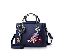 NICOLE & DORIS Damen Leder Handtasche Umhängetaschen mit Blume Jahrgang Griff Tasche Designer Tote Geldbörse mit Pom Pom Dunkelblau