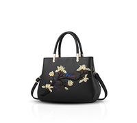 NICOLE & DORIS Elegante Damen Handtaschen Frauen Schultertaschen mit Stickerei Blume Umhängetasche PU Leder Tote Henkeltasche Schwarz