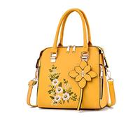 NICOLE & DORIS Elegante Damen Handtaschen Klein Henkeltasche mit Stickerei Blume Schultertasche PU Leder Umhängetasche für Arbeit, Einkaufen, Reisen Gelb