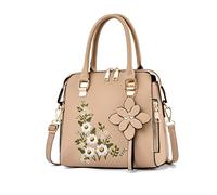 NICOLE & DORIS Elegante Damen Handtaschen Klein Henkeltasche mit Stickerei Blume Schultertasche PU Leder Umhängetasche für Arbeit, Einkaufen, Reisen Khaki