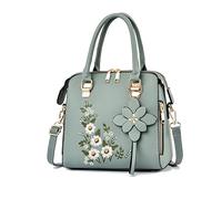 NICOLE & DORIS Elegante Damen Handtaschen Klein Henkeltasche mit Stickerei Blume Schultertasche PU Leder Umhängetasche für Arbeit, Einkaufen, Reisen Grün