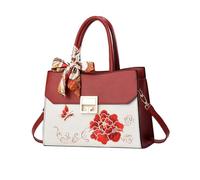 NICOLE & DORIS Handtasche Damen Mittelgroß Blumen Schultertasche Mode Umhängetasche PU Leder Stickerei Blumen Taschen Elegant Henkeltasche für Arbeiten Reisen Shopper Burgunderrote Stickerei