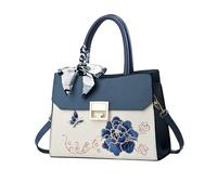 NICOLE & DORIS Handtasche Damen Mittelgroß Blumen Schultertasche Mode Umhängetasche PU Leder Stickerei Blumen Taschen Elegant Henkeltasche für Arbeiten Reisen Shopper Blaue Stickerei