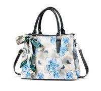 NICOLE & DORIS Handtasche Damen Umhängetasche Blumen Elegante Henkeltasche PU Leder Schultertasche mit Vielen Fächern Frauen Tasche für Arbeit, Einkaufen, Reisen Blau