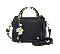 NICOLE & DORIS Handtasche Damen Umhängetasche Klein Schultertaschen PU Leder Satchel Handtasche Mädchen Messenger Crossbody Bag Niedliche Henkeltasche mit Blumen Anhänger Schwarz