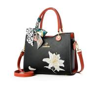 NICOLE & DORIS Handtasche für Frauen Blumen Schultertasche Handtasche Damen Umhängetasche PU Leder Tote Taschen mit Vielen Fächern Klein Henkeltasche für Arbeiten Reisen Shopper Schwarz