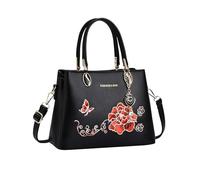 NICOLE & DORIS Handtasche für Frauen Mehrfarbige Henkeltasche mit Stickerei Blumen Schultertasche PU Leder Umhängetasche Klein Damenhandtasche für Arbeit, Einkaufen, Reisen Schwarz