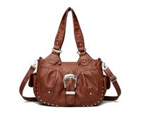 NICOLE & DORIS Handtasche Groß Damen Retro Umhängetasche Weiches PU Leder Shopper Schultertasche Hobo Bag Arbeitstasche Wasserdichte Henkeltasche mit Nieten Braun