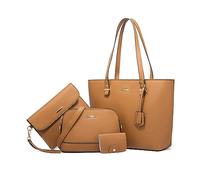 NICOLE & DORIS Handtaschen Groß Damen Shopper Schultertasche 4-teiliges Handtasche Set mit Geldbörse Umhängetasche PU Leder Tragetasche für Büro Reise Einkauf Braun