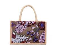 NICOLE & DORIS Jute Taschen Groß Shopper Tasche Damen Tote Leichte Einkaufstasche Faltbare Strandtasche Handtasche mit Stickerei Blume für Picknick Reisen Alltag Burgunderrot