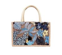 NICOLE & DORIS Jute Taschen Groß Shopper Tasche Damen Tote Leichte Einkaufstasche Faltbare Strandtasche Handtasche mit Stickerei Blume für Picknick Reisen Alltag Dunkelblau