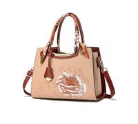 NICOLE & DORIS Mode Handtaschen Damen Mittelgroße Tasche mit Stickerei Blumen Henkeltasche Elegant Schultertasche PU Leder Umhängetasche für Arbeit, Einkaufen, Reisen Khaki