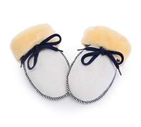 Niedliche Baby Lammfell-Fäustlinge von CHRIST - Unisex (für Jungen, Mädchen, Kleinkind, Kinder bis 18 Monate) mit Verbindungs-Band, warme Winter-Handschuhe in beige mit blauem Garn