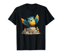 Niedliche Blaue und gelbe zwinkernde Baby-Eule auf Felsen T-Shirt
