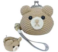 Niedliche Geldbörse mit Häkelbär-Motiv, Kussverschluss, kleine Tasche mit Griff für Kleingeld und Schlüssel, Damen und Mädchen (Khaki)