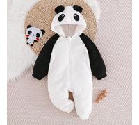 Niedlicher flauschiger schwarz-weißer Baby Panda Cartoon Muster Kapuzen-Jumpsuit für Neugeborene Jungen/Mädchen, geeignet für Herbst & Winter, Innen-