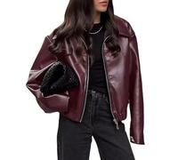 NIFTRIRY Damen-Lederjacken, übergroße Kunstlederjacke, Mantel, Herbst-Outfits, modische Kleidung 2025, Wein, X-Small