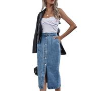 NIGHTMISS Langer Jeansrock für Damen, hohe Taille, gewaschene Knopfleiste, Midi-Länge, A-Linie, Denim-Jeans, Bleistiftrock, Blau - 592, Groß