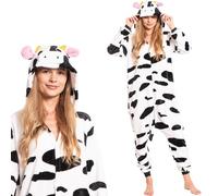 nikcorp - Schlafanzug Damen Kinder, Jumpsuit Pyjama Damen, Onesie Kostüm Cosplay - aus weichem, warmem Material - Größen für Kinder und Erwachsene - Kuh, Schwarz-Weiß, S